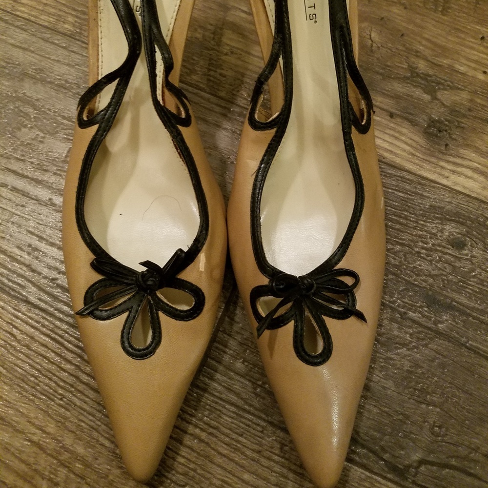 Tan and black kitten heels